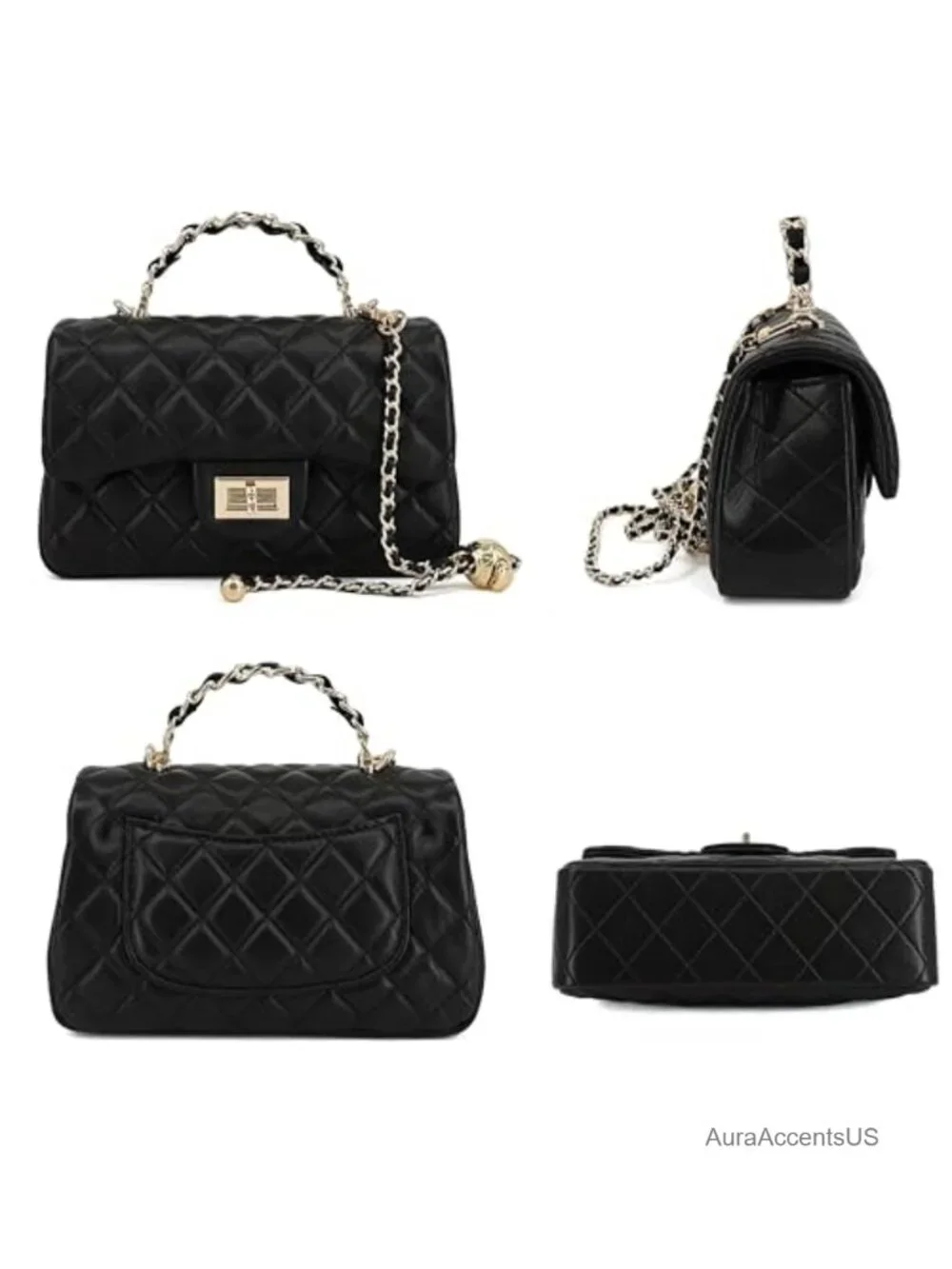 Quilted Leather Crossbody Bag with Gold Chain Strap and Top Handle